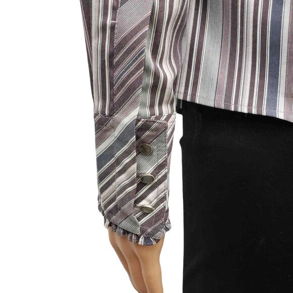 Elie Tahari Blouse Ruffled Front Cuffs S Button down Purple Multicolor Striped - Picture 7 of 12